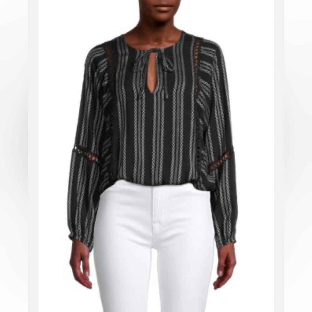 NWT Elan Black Tie Crochet Inset Elastic Waist Sleeve Split Blouse